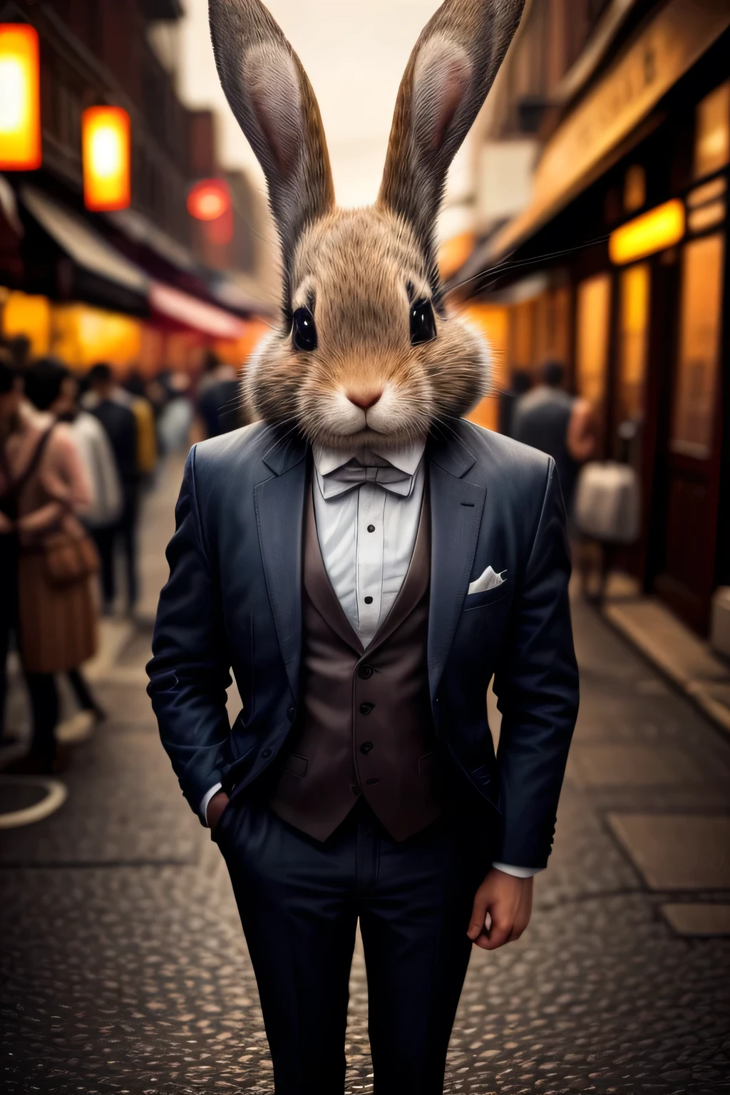 A photo of a rabbit in a neat suit, adorable face, cute expression, Perfect Anatomy, detailed rabbit's ears, focus on the peak of rabbit's ears, beautiful views, Detailed face. full body shot, night street