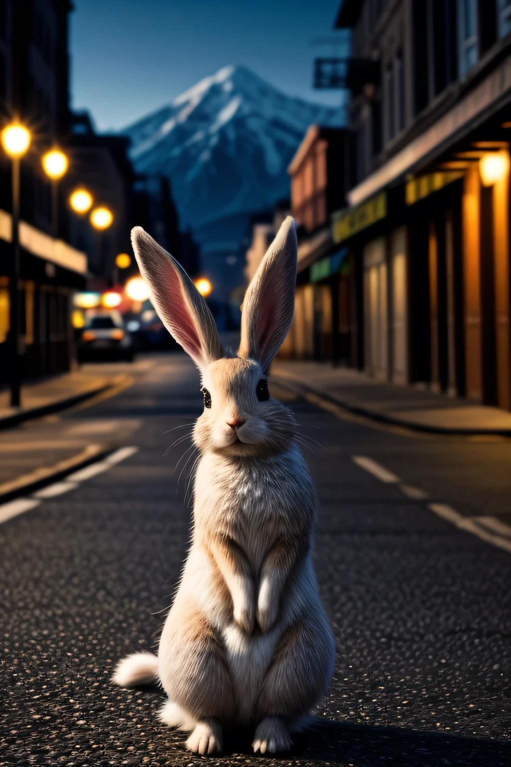 A photo of a rabbit in a neat suit, adorable face, cute expression, Perfect Anatomy, detailed rabbit's ears, focus on the peak of rabbit's ears, beautiful views, Detailed face. full body shot, night street