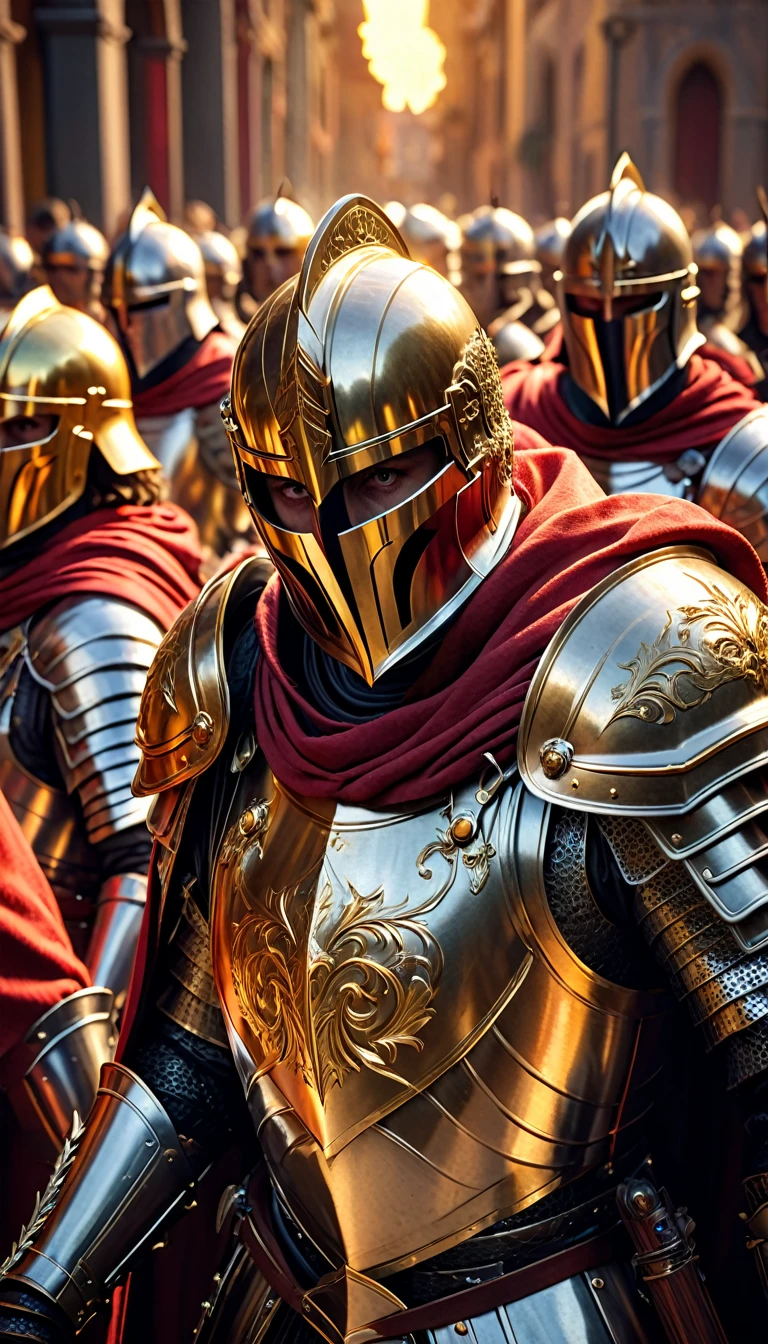 a group of Knights donned in full armor and adorned with striKing red capes finds themselves in the midst of a dramatic battle. Armé de puissantes mitrailleuses, ces vaillants templiers affrontent une horde de politiciens possédés, locKed in a fierce struggle for supremacy and control,
numérique UHD (K) image, film cinématographique toujours dramatique éclairage latéral, regard intense et dramatique portrait en gros plan,  HDR,  Faible profondeur de champ, vignette, très détaillé, film hollywoodien à gros budget, cinémascope, lunatique, épique, magnifique
, Très détaillé et propre, PhotoRéaliste and cinematic chef-d&#39;œuvre, photographie professionnelle, Réaliste, le réalisme, 200K , Raytracing et effet de lumière , magie de l&#39;or, effet doré, numérique, composition parfaite, beau rendu d&#39;octane incroyablement détaillé et complexe, tendance sur artstation, 8 K artistic photography, photoRéaliste concept art, lumière parfaite cinématographique volumétrique naturelle et douce, photographie primée, chef-d&#39;œuvre, raphaël, Caravage, greg rutKowsKi, bip, beKsinsKi, giger