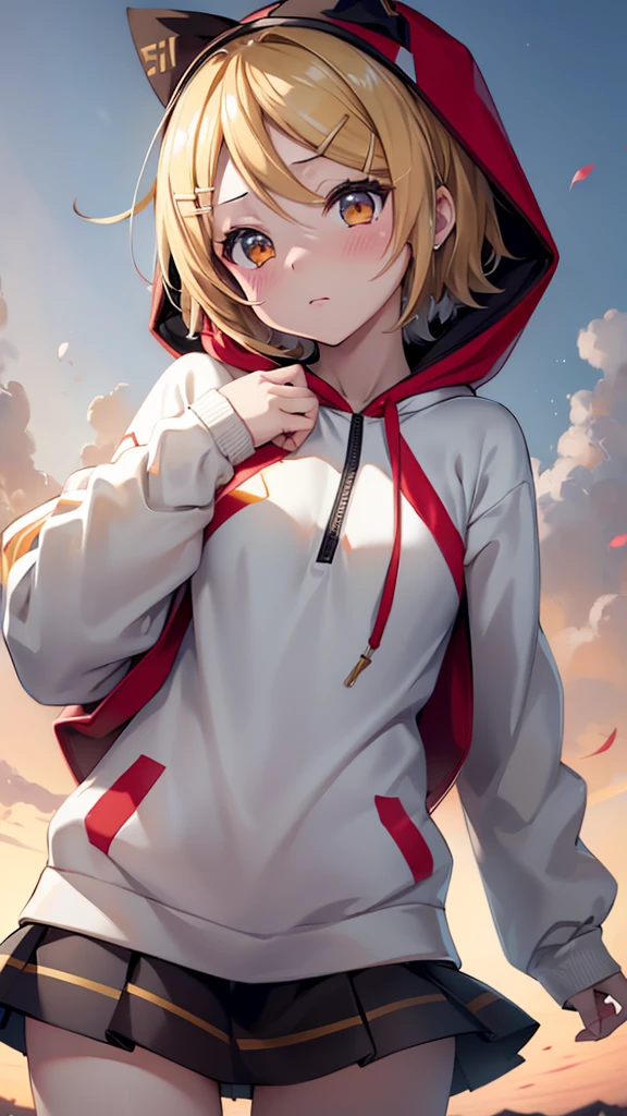 Kagamine Rin , 1 girl , wearing a red hooded sweater , white miniskirt with gold horizontal lines , looking at the viewer , visible panties , seductive face ,(8k ultra high quality image ) masterpiece ( high-definition picture ) , maximum image resolution , ( well-defined image details )