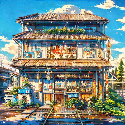 create a captivating anime-style scene set in a peaceful, semi-rural japanese train station at twilight, inspired by the style o...