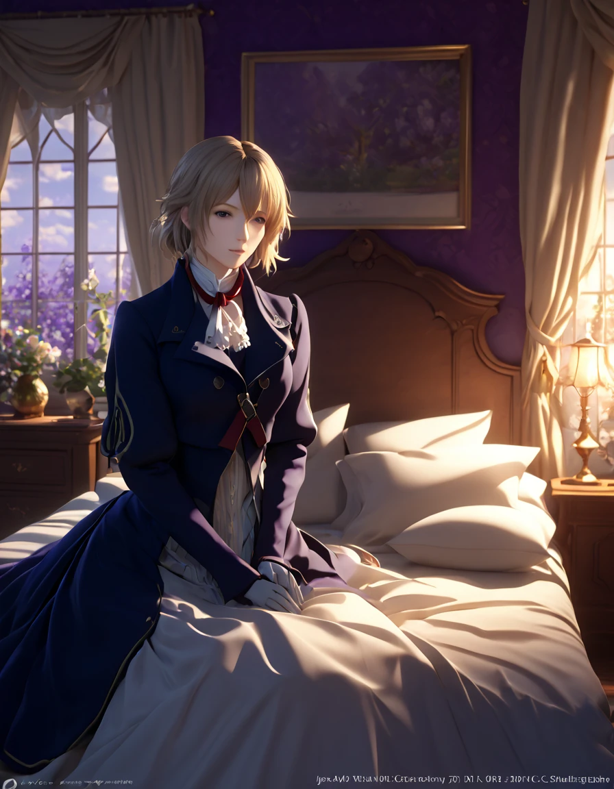 masterpiece, highest quality, (Highly detailed CG synthesis 8k wallpaper), (highest quality), (Best illustrations), (Best Shadow), (Stable Diffusion Model), Violet Evergarden, Sparkling, beautiful, victorian style bedroom, Dynamic Lighting, Depth of written boundary