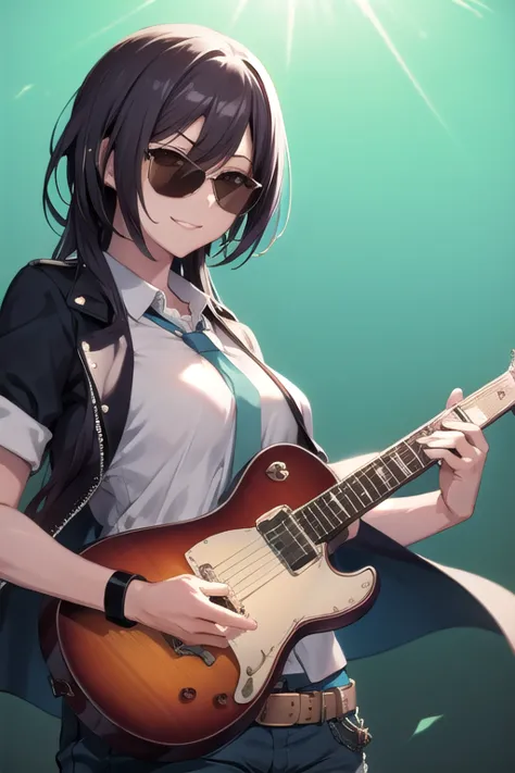 shirase sakuya, 1girl, jacket black, cyan tie, short sleeves, pants black, belt, sunglasses, mad face, smile, holding guitar