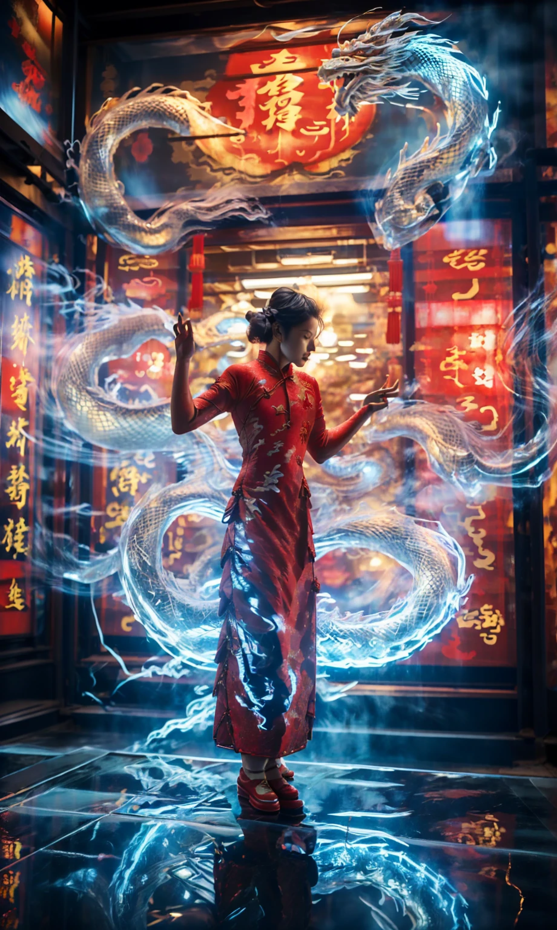 White holographic dragon, 1个Giant Breast Girl(Red cheongsam:1.5)
A shot full of tension(The sky glows red,visual shock,Give your poster a dynamic and visually compelling look:1.2),Chinese Zen style,impactful picture,