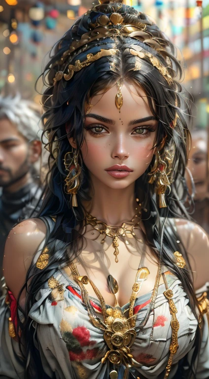 一幅画作描绘的是一名戴着金色头饰和金色颈链的女子, 美丽女神的肖像,非常详细,她很庄严.