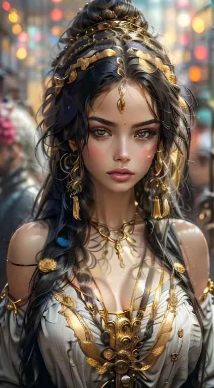a painting of a woman with a gold headpiece and a gold choke, portrait of a beautiful goddess,highly detailed,she is majestic.
