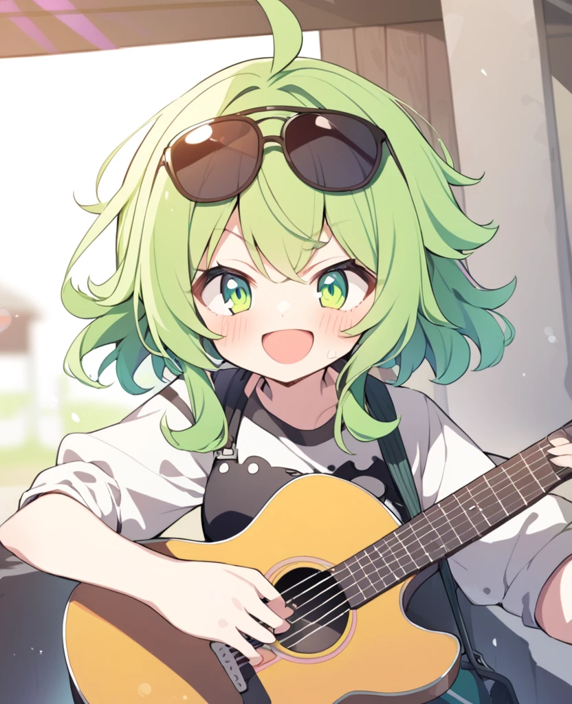 1girl, gumi, green eyes, green hair, medium hair, sidelocks, sunglasses, mad face, blush, :d, smile, holding guitar