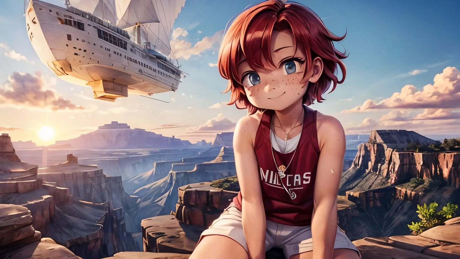 girl１people,Grand Canyon,Mountains visible in the distance,sunset,Flowing Clouds,A gentle breeze,An airship parked,Looking up at the sky in the distance,sit,Short Hair,Shortcuts,Red hair color,Blue Eyes,11 years old,boyish,アジアpeople,smile,Primary school students,Sunburned skin,Being thin,freckles,White shorts,White tank top,Red jacket,High angle,