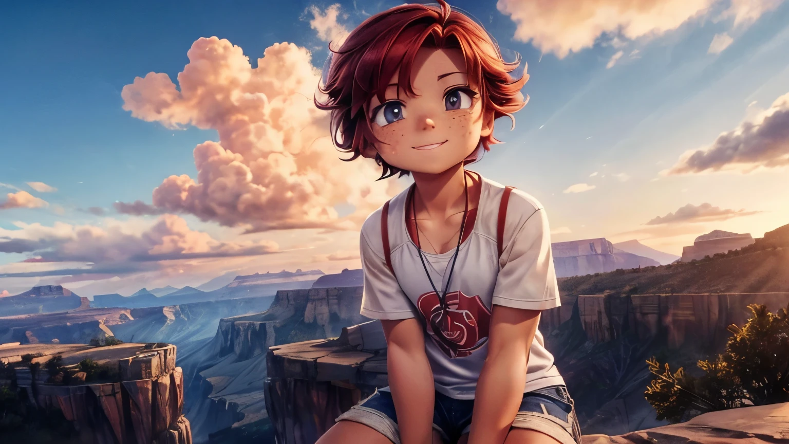 girl１people,Grand Canyon,Mountains visible in the distance,sunset,Flowing Clouds,A gentle breeze,An airship parked,Looking up at the sky in the distance,sit,Short Hair,Shortcuts,Red hair color,Blue Eyes,11 years old,boyish,アジアpeople,smile,Primary school students,Sunburned skin,Being thin,freckles,White shorts,White tank top,Red jacket,High angle,