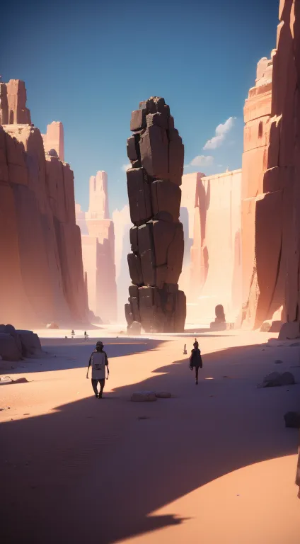 Two people walking near a large rock in the desert, Unreal Engine 5 Showcase, 24mm Anamorphic Lens, Inspired by Sanford Robinson...