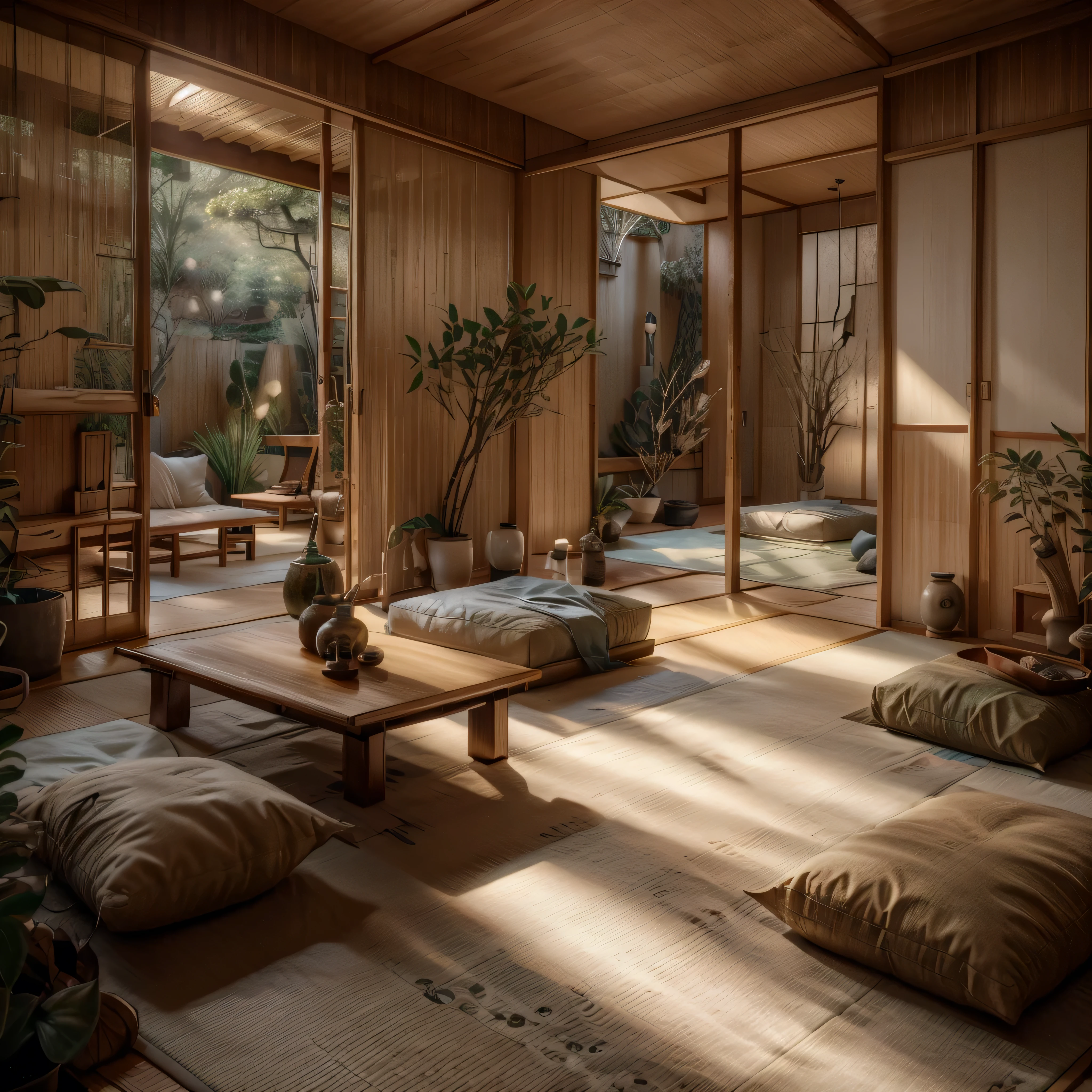 Ein ruhiger Raum im japanischen Design mit Tatami-Matten, Shoji-Bildschirme, und minimalistische Einrichtung. Betonen Sie natürliche Materialien mit einem niedrigen Holztisch, Bodenkissen, und ein Futonbett. Fügen Sie eine Bambuspflanze hinzu, ein Stein-Wasserspiel, und ein kleines, einfacher Schrein zur Meditation.