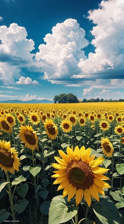 花と夏の青空、背景には積乱雲が見える、広大なひまわり畑の風景画を描く少女、青い空を見上げる少女、空とひまわりの大きな絵を描きます - SeaArt AI