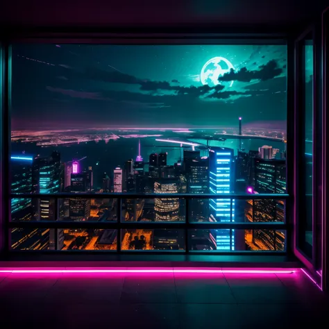 future, sci-fi, wall of a room with a window overlooking the city, cyberpunk, night, bright lights, neon.