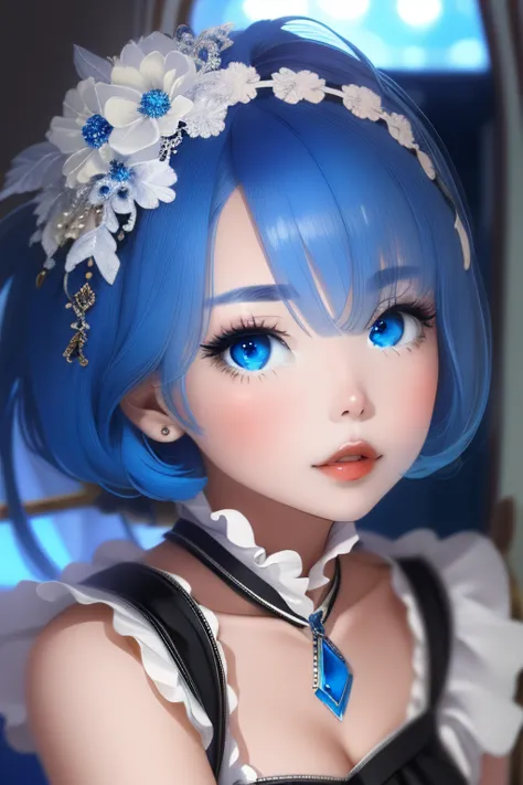 (masterpiece, highest quality, high resolution:1.2), one girl, alone,ram,(close)、blue eyes、blue hair、seductive pose