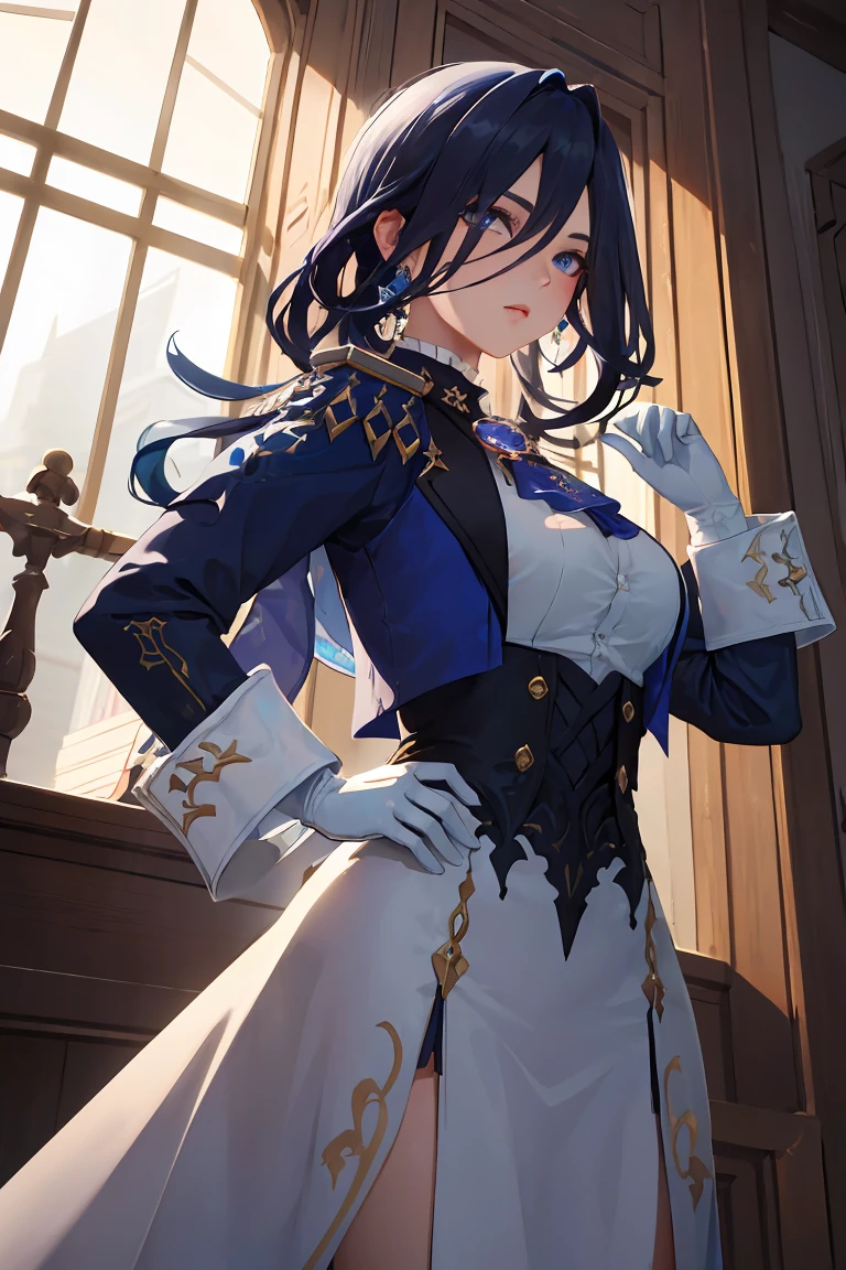 giclorinde, purple eyes, large breasts, hair between eyes, long hair, ((dark blue hair:1.3)), earrings,
BREAK ((white ascot, brooch, blue jacket, long sleeves, brown gloves, white dress, long dress:1.3)) 
BREAK view from below, sky
BREAK (masterpiece:1.5), best quality, high resolution, unity 8k wallpaper, (illustration:0.8), (beautiful detailed eyes:1.6), extremely detailed face, perfect lighting, extremely detailed CG, (perfect hands, perfect anatomy),