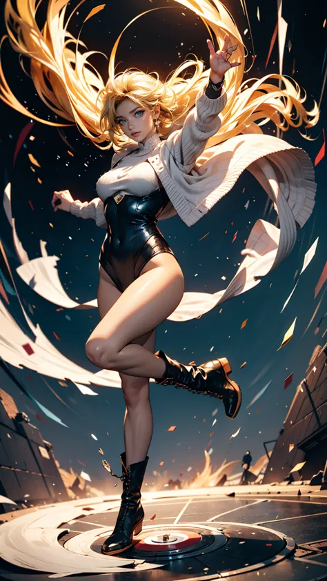 masterpiece, highest quality, sour, grey sweater, black leotard, spin around, spin, blonde hair, superhero, boots, tornado, circ...