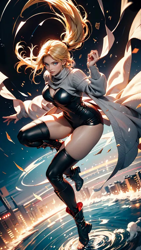 masterpiece, highest quality, sour, grey sweater, black leotard, spin around, spin, blonde hair, superhero, boots, tornado, circ...