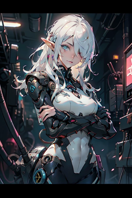 ((masterpiece)), (top quality), (best quality), ((ultra-detailed, 8k quality)), Aesthetics, Cinematic lighting, (detailed line art), absurdres, (best composition), (high-resolution),
BREAK,
Beauty of a elf girl, cyberpunk, mecha girl, tech wear uniform organic cyborg, white plastic, yellow techwear clothing, yellow and black safety tapes, full armor, Detailed Cloth, and armored Texture, cowboy shot, crossed arms, fantasy, intricate, elegant, highly detailed, lifelike, photorealistic, digital painting, artstation, illustration, concept art, smooth, sharp focus, art by Yoji Shinkawa, by Mikimoto Haruhiko, by Artgerm,
BREAK,
highly detailed of (elf), (1girl), solo, perfect face, details eye, ahoge, ((long hair:1.2)), (hair over one eye:1.3), [[Messy hair]], shiny blonde white hair, blue eyes, multicolored hair, (eyelashes, eyeshadow, pink eyeshadow), smile, design art by Mikimoto Haruhiko, by Kawacy, By Yoshitaka Amano,
BREAK, 
((perfect anatomy)), perfect body, Abs, medium breast, best hands, perfect face, beautiful face, beautiful eyes, perfect eyes, (perfect fingers, deatailed fingers), correct anatomy, 
BREAK, 
Watercolor wash painting, muted colors, warm colors, best quality, delicate brushwork,painting style background, abandoned building, neon-lit cyberpunk cityscape, industrial, cables and pipes, ventilation ducts, (depth of field:1.2), (blurry background:1.2),the style of Mikimoto Haruhiko, Artgerm, Kentaro Miura style, the style of Mikimoto Haruhiko, Artgerm, Kentaro Miura style,
