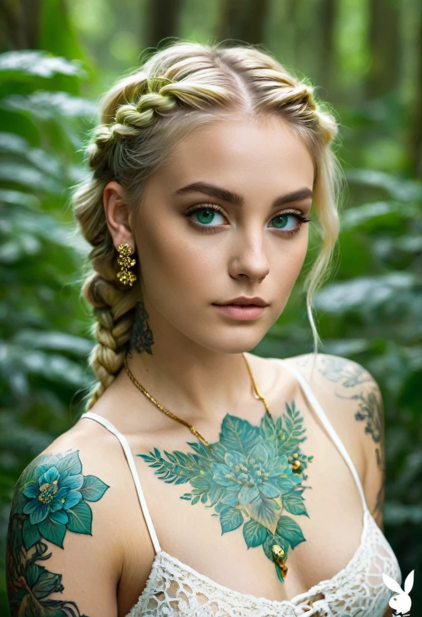 A captivating cinematic photo of a young woman with striking green eyes and blonde hair, styled in a beautiful braided fashion. Her intricate blue tattoos adorn her arms and chest, featuring delicate floral and other designs. She is dressed in a white lace top, accessorized with gold jewelry, including earrings and a necklace, and a nose ring. The backdrop is a serene and natural lush green forest, creating a harmonious blend of beauty and nature. The typography complements the overall aesthetic, adding a touch of elegance and sophistication to the image.