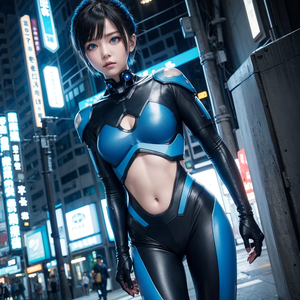 cute cyborg girl,cyberpunk,cyborg suit with blue neon highlight,old hongkong city,short hair,blue eyes,with long swoad