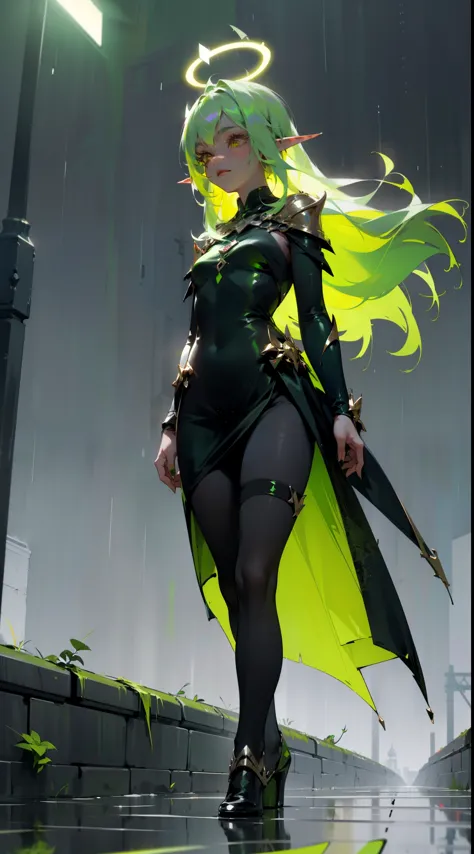 1 girl,solitary,((green skin,skin of color)),medium breasts,green hair,long hair,twice as good,elf ears,yellow eyes, nature quee...