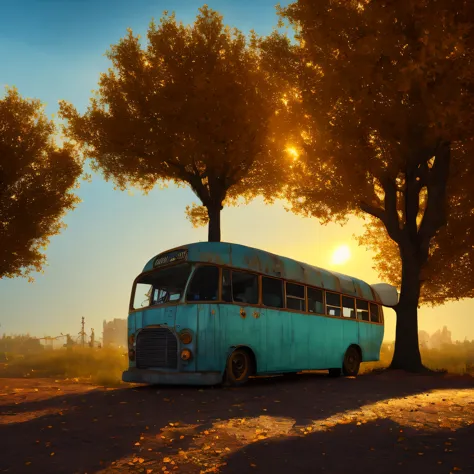 rusty bus with ice cream on top in front of abandoned building, in the art style of filip hodas, by Filip Hodas, inspired by Fil...