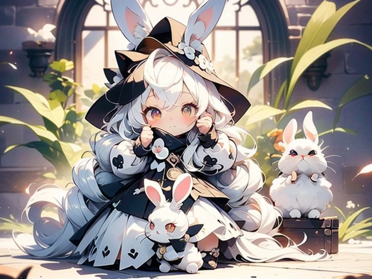 1female\((chibi:1.5),cute,kawaii,small kid,(white hair:1.4),(very long hair:1.6),bangs,(ear\(fluffy,white,rabbit-ear\):1.4),red eye,big eye,beautiful shiny eye,skin color white,big hairbow,(white frilled dress:1.3),breast,cute rabbit pose\),background\(some roses,by the beautiful lake,beautiful sunny day\),quality\(8k,wallpaper of extremely detailed CG unit, ​masterpiece,hight resolution,top-quality,top-quality real texture skin,hyper realisitic,increase the resolution,RAW photos,best qualtiy,highly detailed,the wallpaper,golden ratio\)