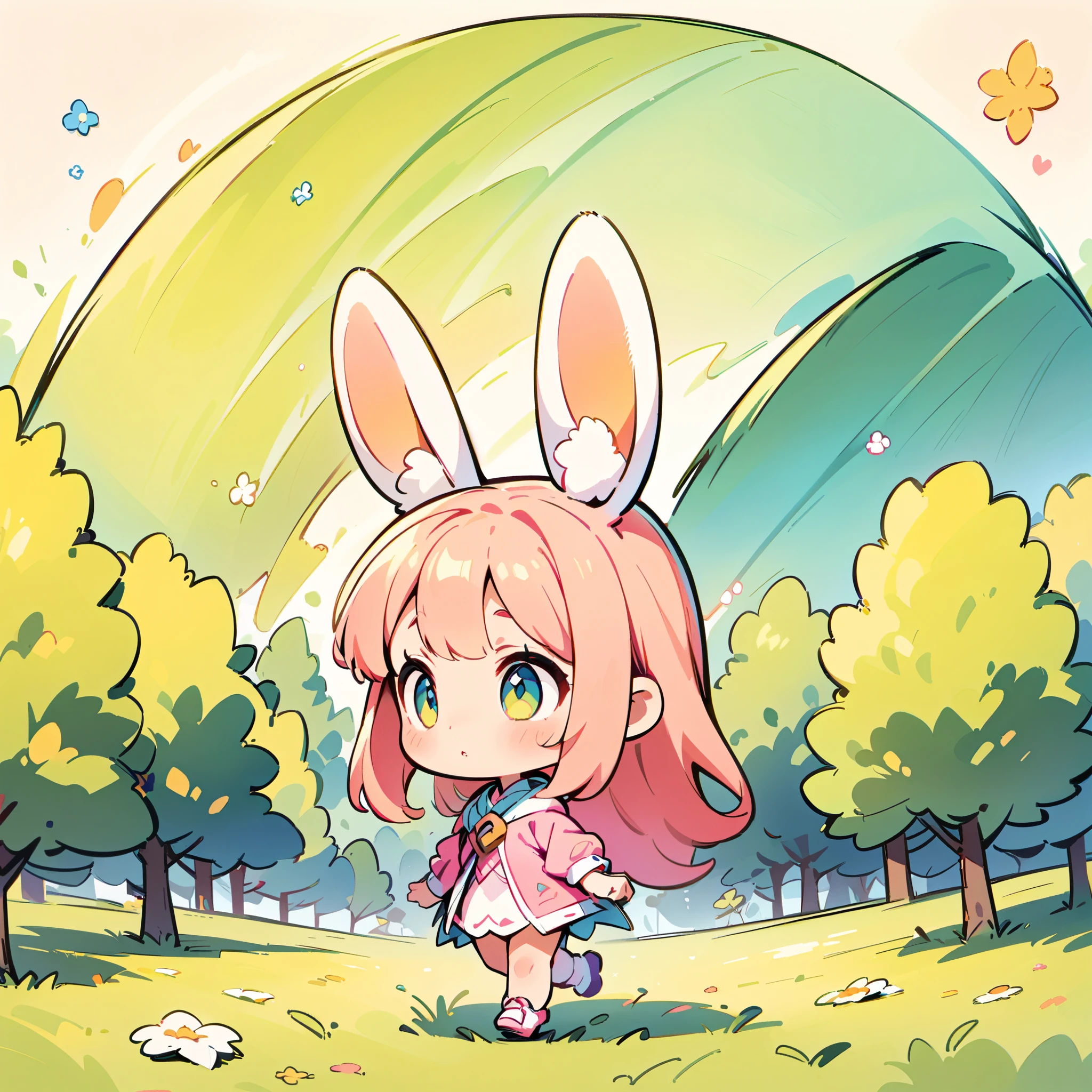 A rabbit-like person, Cute bunny woman, alone, Little, Deformation, 2 heads, Full body view, Focus on the ears, Forest and spring background, Hand-drawn illustrations.