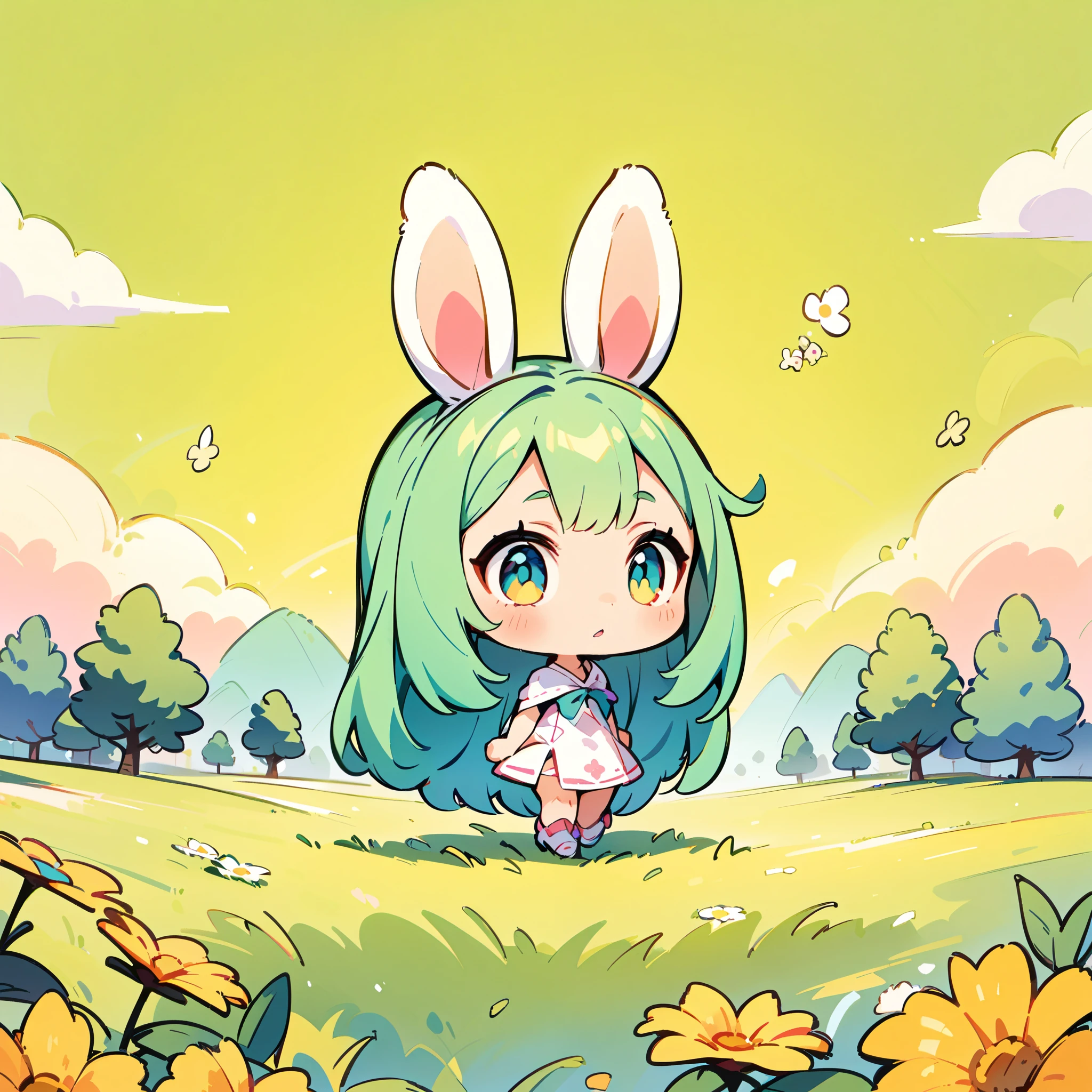 A rabbit-like person, Cute bunny woman, alone, Little, Deformation, 2 heads, Full body view, Focus on the ears, Forest and spring background, Hand-drawn illustrations.