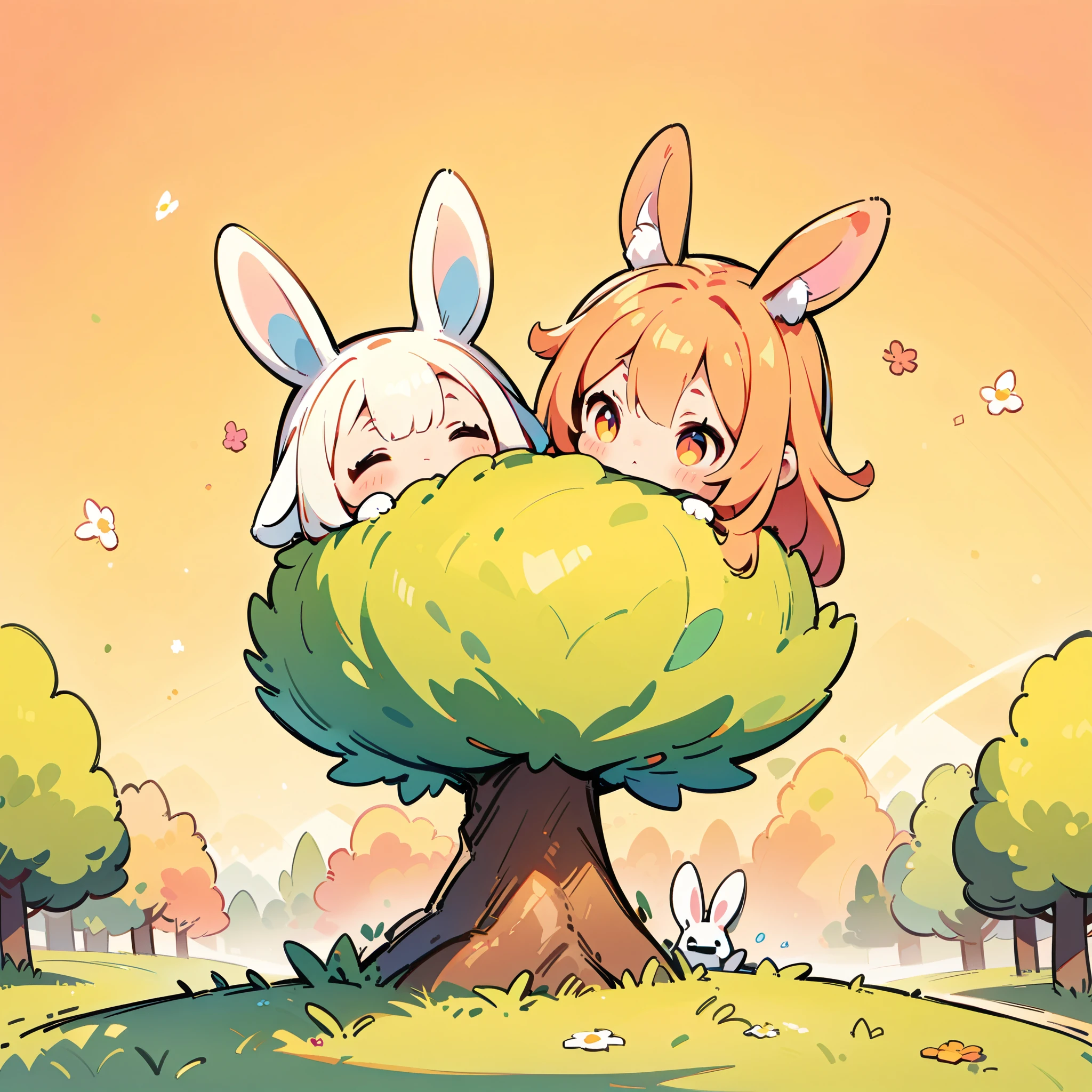 A rabbit-like person, Cute bunny woman, alone, Little, Deformation, 2 heads, Full body view, Focus on the ears, Forest and spring background, Hand-drawn illustrations.