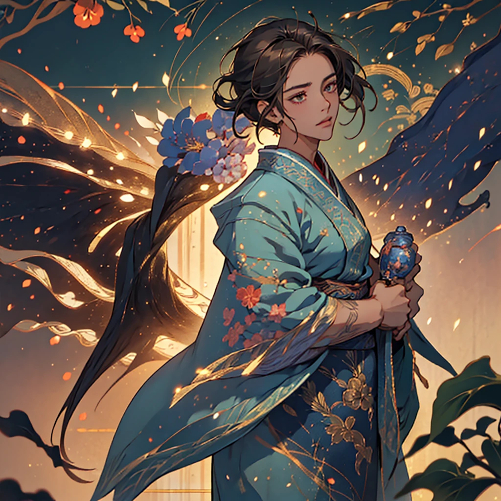 (Fidelity: 1.4), (Intricate Detailes Kimono)), Big Sleeves, Small Rings, Kan Tashi, Mole Under Eyes, Denim Lens, Bokeh, Perspective Shortening, Negative Space, Chiaroscuro, Depth of Field, Ray Tracing, Masterpiece, Anatomically Correct, Textured Skin, Best Quality, 8K, Ultra HD, ACcurate