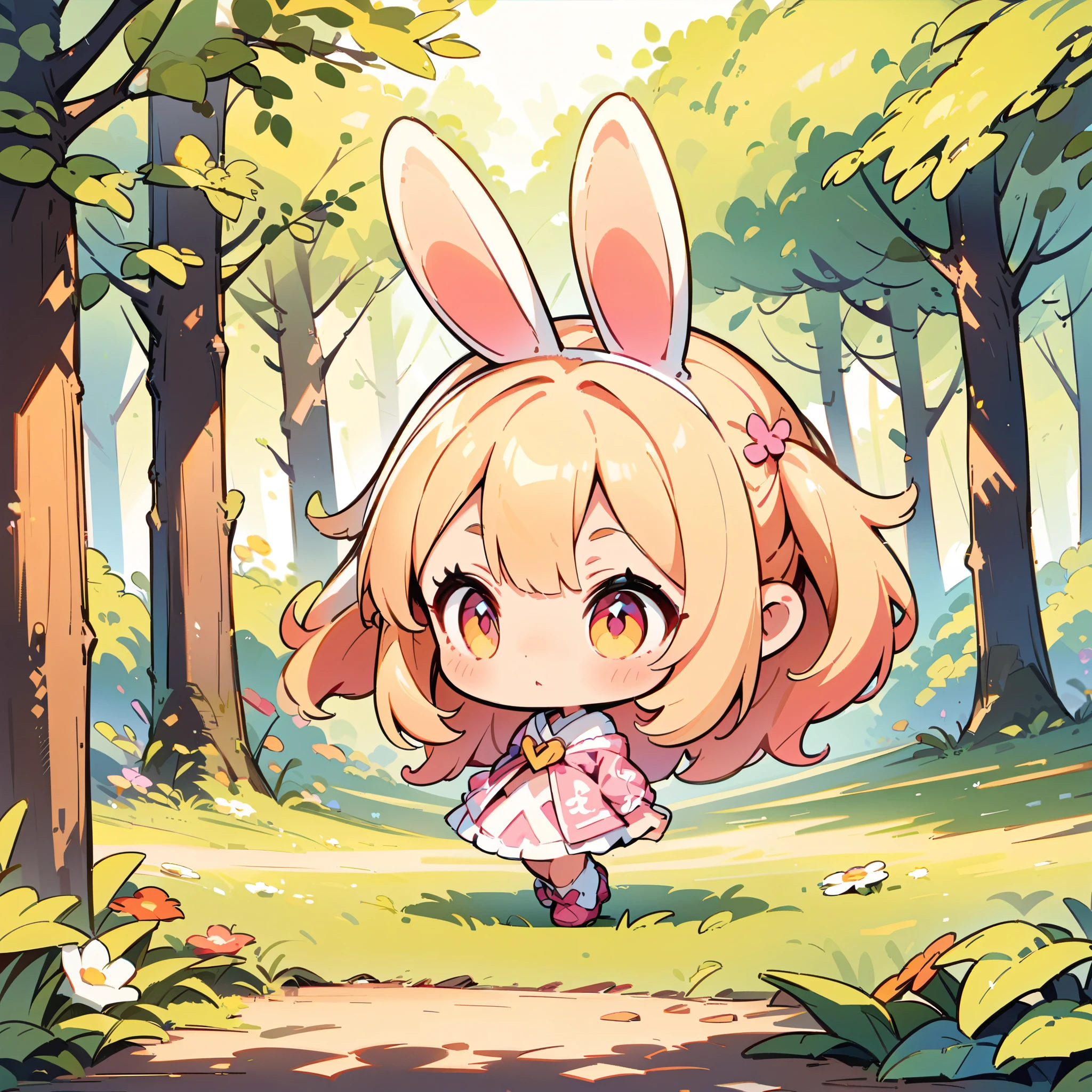 A rabbit-like person, Cute bunny woman, alone, Little, Deformation, 2 heads, Full body view, Focus on the ears, Forest and spring background, Hand-drawn illustrations.
