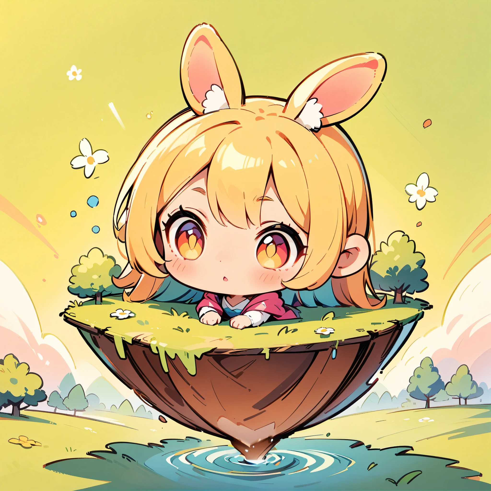 A rabbit-like person, Cute bunny woman, alone, Little, Deformation, 2 heads, Full body view, Focus on the ears, Forest and spring background, Hand-drawn illustrations.