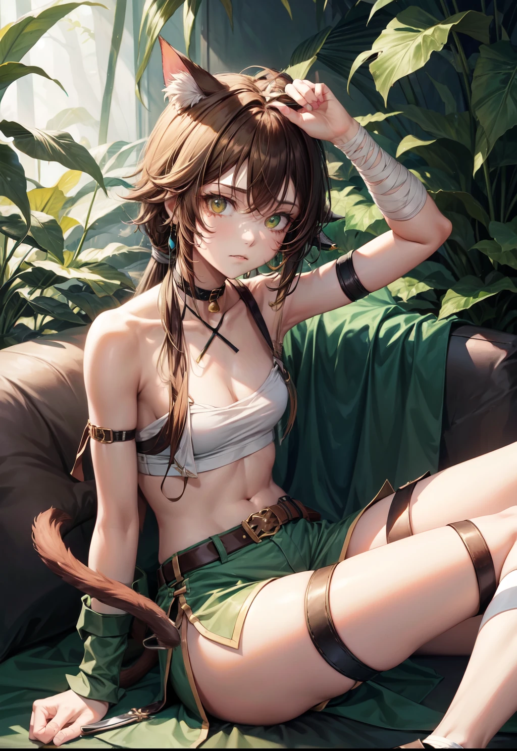 lethe fe, choker, belt, cat tail, bell, thigh strap, facial mark, bandages, side slit, pouch, brown belt, whisker markings, green shorts, wrist wrap, side slit shorts, sitting, holding a dagger, holding a knife, knife