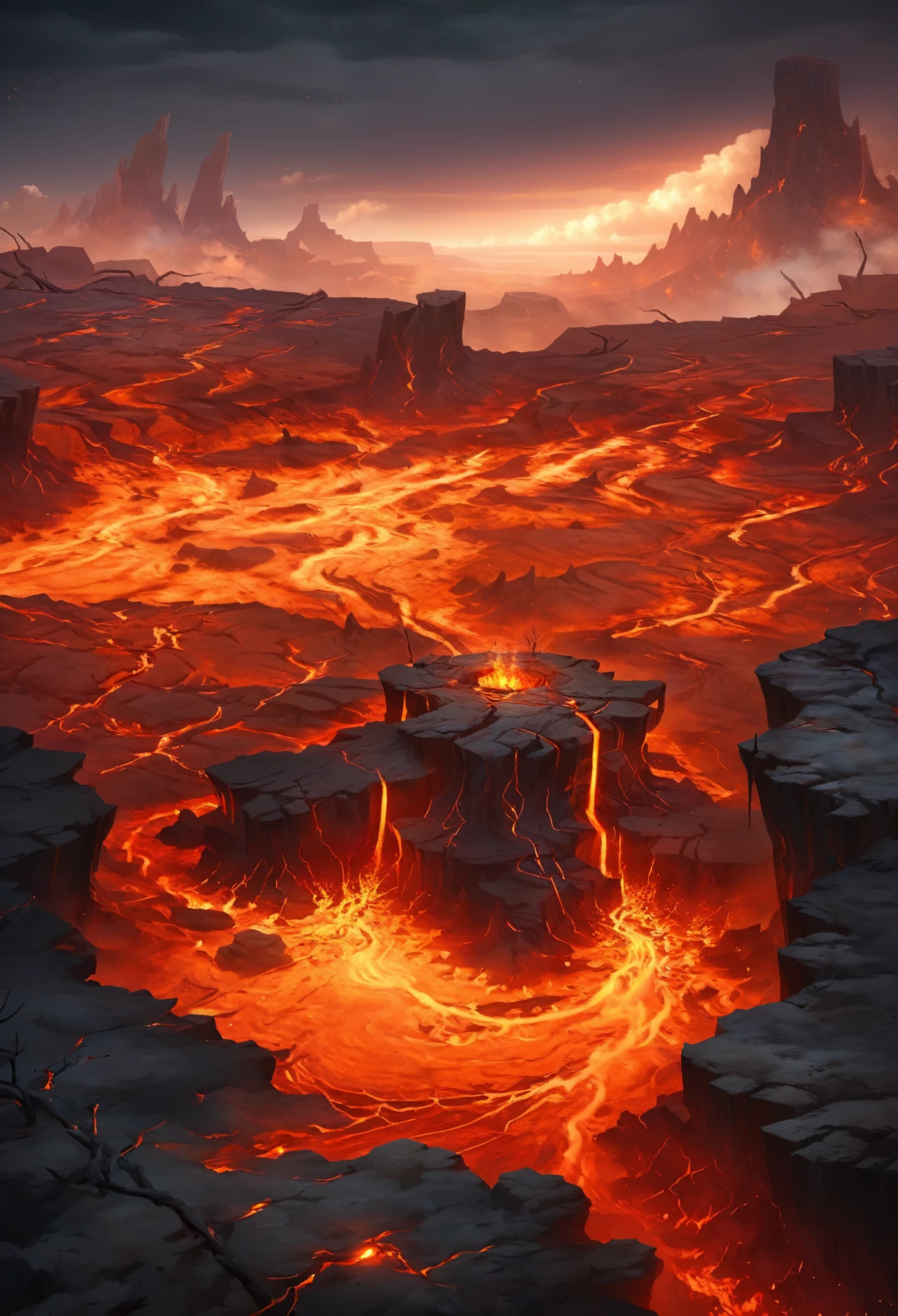 conceito de cena, Campo de lava, Renderização 3D, Estilo realista, detalhe ultra-claro, obra de arte, alta qualidade, lava, Sozinho, paisagem, árvore morta, ar livre, [penhasco, Nuvens, fogo, ficção científica, céu, poço, vista do topo