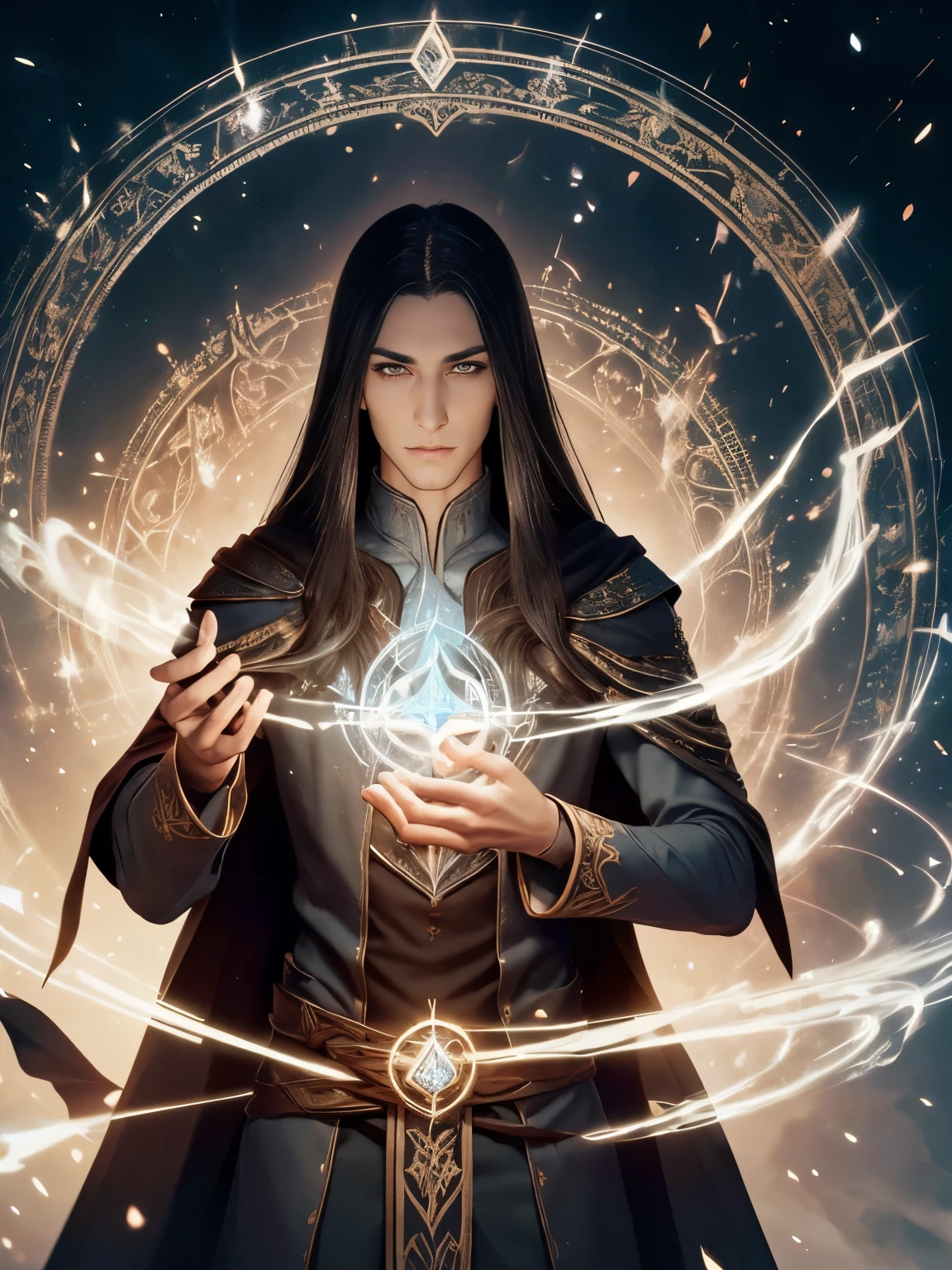 arafed male elf with long black hair and a blue cape, portrait of fin wildcloak, and intricate runes etched on circle of magic ghostly shimmering, This breathtaking portrait, showcases every intricate detail in stunning clarity. The warlock's robes shimmer with iridescent threads, casting a spellbinding glow that seems to radiate off the canvas. a portrait of a male elf, portrait of a slender elven man, beautiful male elf, a male elf, male half-elf, charlie bowater character art, elven male, young half elf wizard, inspired in kris from deltarrune