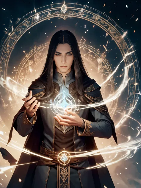 arafed male elf with long black hair and a blue cape, portrait of fin wildcloak, and intricate runes etched on circle of magic g...
