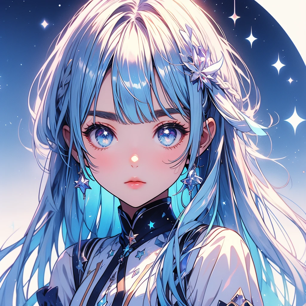 Star Fairy、Shiny Hair 、Vtuber Half、Bangs shorter than eyebrows Aster Piece、highest quality、Best illustrations、Super quality、Upper Body、alone、1 girl、Looking into the camera、upright、Place your arms at your sides、Beautiful and delicate eyes、Concept Art、From the front、White Background、Simple Background、Droopy and large eyes、Ultra-fine mesh、Sparkling eyes Silky white and blue gradient long hair、Short sleeve、water colored pencils、Kind Face、Virtual YouTuber、