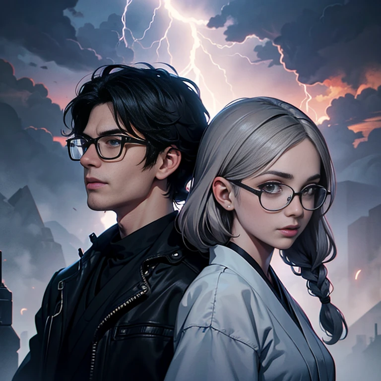 1. Scene description: - Couple Photos、Boy and girl standing back to back、（A boy with glasses and a girl in cyberpunk fashion） - Detailed facial features of boys: The boy wears glasses、pronounced nose、Natural wavy short hair、 Detailed facial features of the girl: Beautiful and detailed eyes、beautiful and dense lips、Gray hair colored in a light purple gradient_She has long hair that is as long as her height, tied in a braid - Additional details: Long eyelashes、Gentle smile、Confident posture、 (Very detailed目と顔、Long eyelashes) 2.material: ·An illustration：Characters are depicted by hand.、 - Media: High resolutionのデジタル イラスト、 - Artistic style: Combining elements of dark fantasy and traditional Japanese art、 3. Scene details: - background: Strange clouds gather and lightning flashes、 - Lighting: Dramatic lighting casts shadows、Illuminates the character&#39;s facial features、 -atmosphere: Mysterious and fascinating、Full of expectations、 4.image quality: - highest quality、High resolution：（highest quality、High resolution） - Super detailed：（Super detailed） - Realisticなスタイル: (Realistic) - Bright colors：（Bright colors） 5. Color Palette: - Main color: Girl&#39;s clothing black、Silverの色合い、White and light purple shades in the girl&#39;s hair、Boys clothing yellow、Shades of black、・Suspicious Sky: Silvery purple and pink、 6. Overall prompt: Boy and girl standing back to back、 The girl has long hair as tall as herself, braided in twos.、(Wearing a revealing cyberpunk outfit:1.4)、A girl with beautiful eyes and lips、 Boys are slightly shorter than girls、Wearing a yellow yacht parka with a black lining and camouflage cargo pants、Wear black-rimmed glasses、sneakers、 The background is otherscape、雰囲気はMysterious and fascinating、Full of expectations、lightning、画像はhighest quality、High resolution、Very detailed、Photorealistic style、Color Paletteには、The character&#39;s costume is black、gray、Silver、Contains a light purple hue、The sky contains deep blues and purples with a hint of lilac、