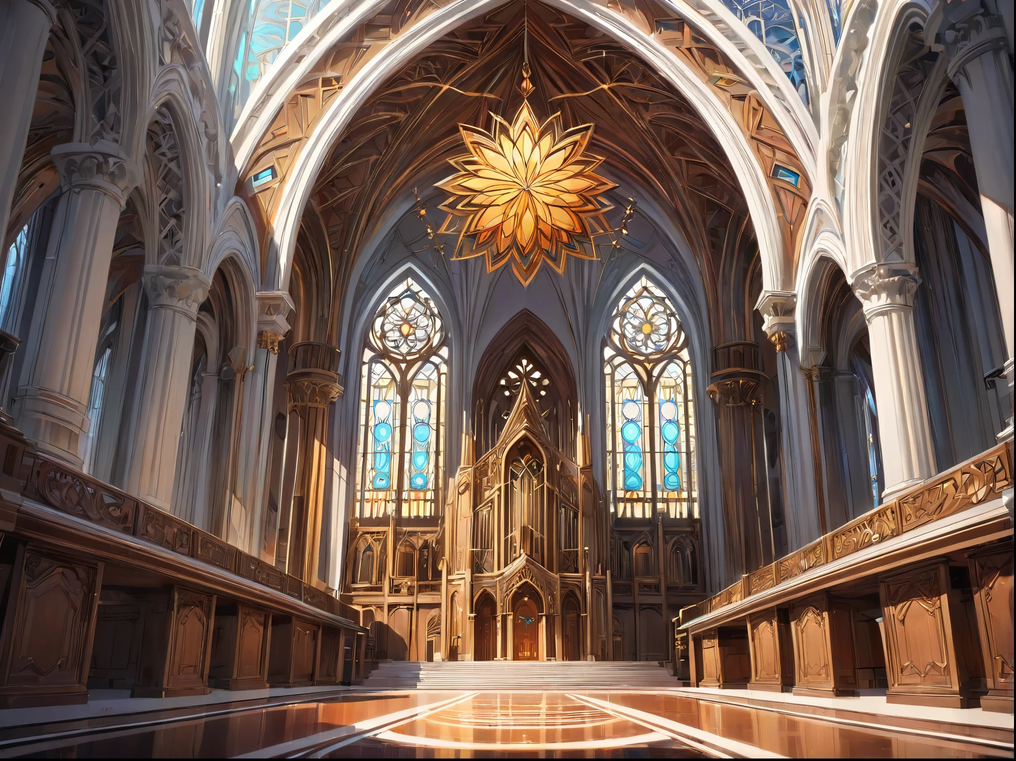 art deco:Cathedral,Geometric pattern:linear,Artistic, intricate details. very detailed, Complex motifs, organic tracery, perfect composition, digital painting, art station, concept art, Smooth, T Masterpiece, highest quality, award-winning, High resolution, ,Beautiful and amazing,draw carefully,finely,colorful,octane rendering,white,red,Money,Silver,Brown