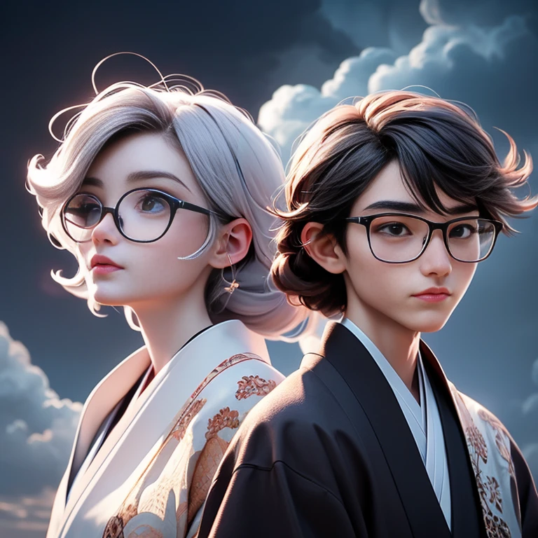 1. Scene description: - Couple Photos、Boy and girl standing back to back、（A boy with glasses and a girl in cyberpunk fashion） - Detailed facial features of boys: The boy wears glasses、pronounced nose、Natural wavy short hair、 Detailed facial features of the girl: Beautiful and detailed eyes、beautiful and dense lips、Gray hair colored in a light purple gradient_She has long hair that is as long as her height, tied in a braid - Additional details: Long eyelashes、Gentle smile、Confident posture、 (Very detailed目と顔、Long eyelashes) 2.material: ·An illustration：Characters are depicted by hand.、 - Media: High resolutionのデジタル イラスト、 - Artistic style: Combining elements of dark fantasy and traditional Japanese art、 3. Scene details: - background: Strange clouds gather and lightning flashes、 - Lighting: Dramatic lighting casts shadows、Illuminates the character&#39;s facial features、 -atmosphere: Mysterious and fascinating、Full of expectations、 4.image quality: - highest quality、High resolution：（highest quality、High resolution） - Super detailed：（Super detailed） - Realisticなスタイル: (Realistic) - Bright colors：（Bright colors） 5. Color Palette: - Main color: Girl&#39;s clothing black、Silverの色合い、White and light purple shades in the girl&#39;s hair、Boys clothing yellow、Shades of black、・Suspicious Sky: Silvery purple and pink、 6. Overall prompt: Boy and girl standing back to back、 The girl has long hair as tall as herself, braided in twos.、(Wearing a revealing cyberpunk outfit:1.4)、A girl with beautiful eyes and lips、 Boys are slightly shorter than girls、Wearing a yellow yacht parka with a black lining and camouflage cargo pants、Wear black-rimmed glasses、sneakers、 The background is otherscape、雰囲気はMysterious and fascinating、Full of expectations、lightning、画像はhighest quality、High resolution、Very detailed、Photorealistic style、Color Paletteには、The character&#39;s costume is black、gray、Silver、Contains a light purple hue、The sky contains deep blues and purples with a hint of lilac、