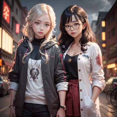 1. Scene description: - Couple Photos、Boy and girl standing back to back、（A boy with glasses and a girl in cyberpunk fashion） - ...