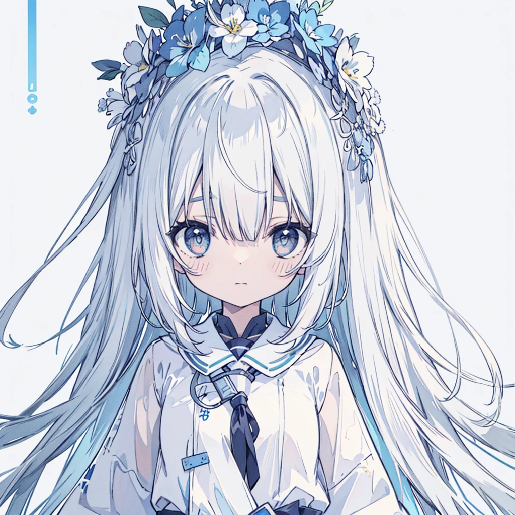 vtuber half body、Bangs shorter than eyebrows、highest quality、Best illustrations、Very detailed、Upper Body、alone、1 girl、Looking into the camera、upright、Place your arms at your sides、Beautiful fine details、Concept Art、from the front、White Background、Simple Background、Droopy and large eyes、Very detailedな眼、Sparkling, shining, white and blue gradient long hair、Short sleeve、water colored pencils、Kind Face、blush、Virtual YouTuber、