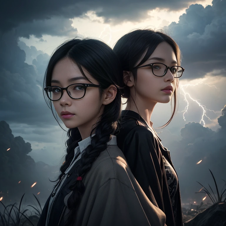 1. Scene description: - Couple Photos、Boy and girl standing back to back、（A boy with glasses and a girl in cyberpunk fashion） - Detailed facial features of boys: The boy wears glasses、pronounced nose、Natural wavy short hair、 Detailed facial features of the girl: Beautiful and detailed eyes、beautiful and dense lips、Gray hair colored in a light purple gradient_She has long hair that is as long as her height, tied in a braid - Additional details: Long eyelashes、Gentle smile、Confident posture、 (Very detailed目と顔、Long eyelashes) 2.material: ·An illustration：Characters are depicted by hand.、 - Media: High resolutionのデジタル イラスト、 - Artistic style: Combining elements of dark fantasy and traditional Japanese art、 3. Scene details: - background: Strange clouds gather and lightning flashes、 - Lighting: Dramatic lighting casts shadows、Illuminates the character&#39;s facial features、 -atmosphere: Mysterious and fascinating、Full of expectations、 4.image quality: - highest quality、High resolution：（highest quality、High resolution） - Super detailed：（Super detailed） - Realisticなスタイル: (Realistic) - Bright colors：（Bright colors） 5. Color Palette: - Main color: Girl&#39;s clothing black、Silverの色合い、White and light purple shades in the girl&#39;s hair、Boys clothing yellow、Shades of black、・Suspicious Sky: Silvery purple and pink、 6. Overall prompt: Boy and girl standing back to back、 The girl has long hair as tall as herself, braided in twos.、(Wearing a revealing cyberpunk outfit:1.4)、A girl with beautiful eyes and lips、 Boys are slightly shorter than girls、Wearing a yellow yacht parka with a black lining and camouflage cargo pants、Wear black-rimmed glasses、sneakers、 The background is otherscape、雰囲気はMysterious and fascinating、Full of expectations、lightning、画像はhighest quality、High resolution、Very detailed、Photorealistic style、Color Paletteには、The character&#39;s costume is black、gray、Silver、Contains a light purple hue、The sky contains deep blues and purples with a hint of lilac、