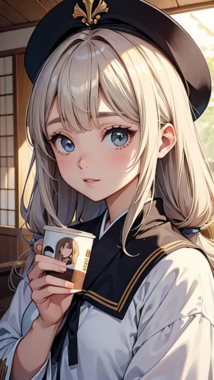 there is a young woman holding a cup of coffee in her hand, garota cara fofa, rosto de anime natural fofo, com cara fofa - linda...