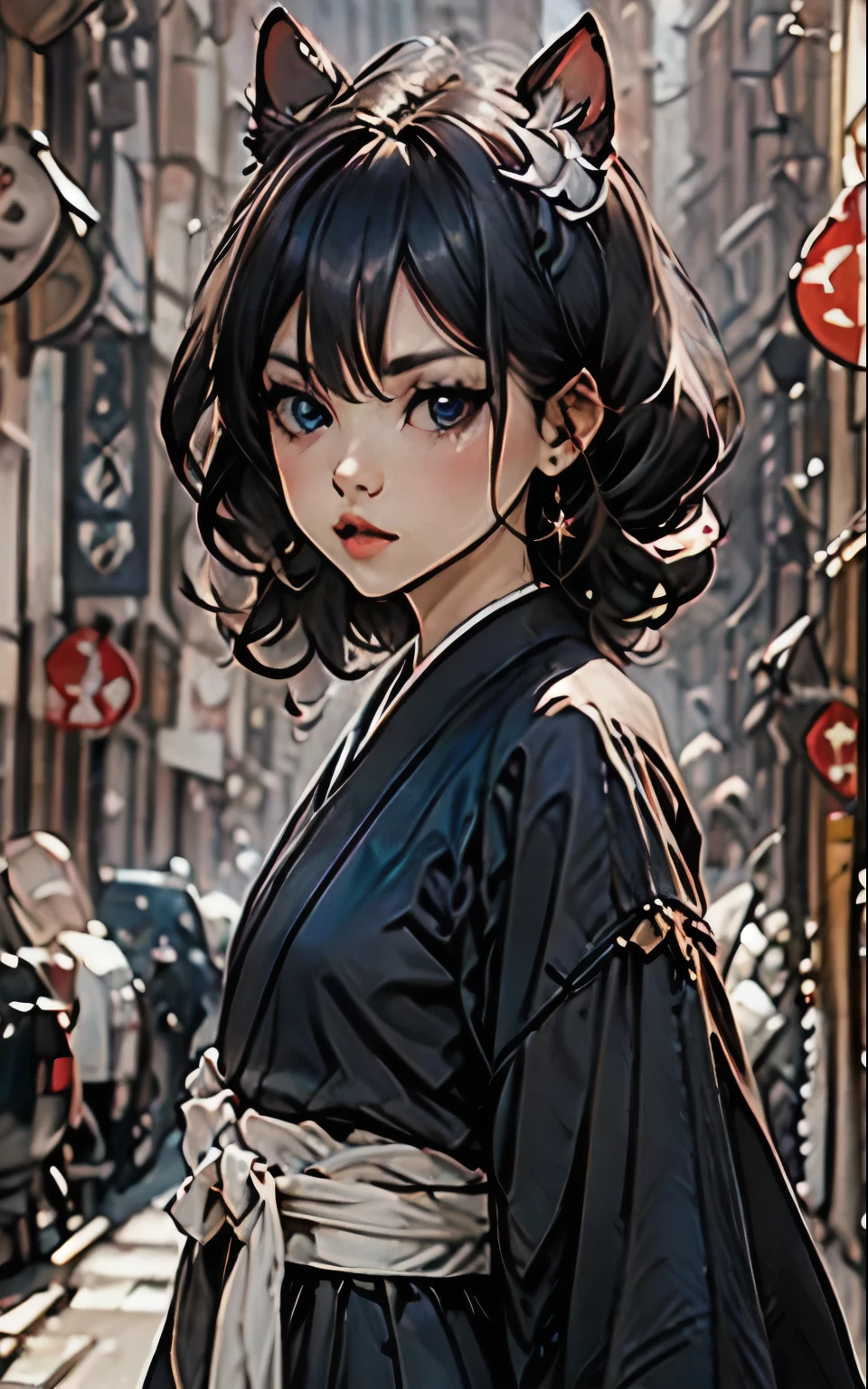 (junkotvv),fourrure noire,(oreilles de chat) ,1chic,Cheveux courts,seulement,cheveux entre les yeux,Regarder le spectateur,yeux bleus,vêtements japonais,meilleure qualité,Chef-d&#39;œuvre,haute résolution,haute qualité,des mains parfaites,kimono noir,yeux violets,glace détaillée,