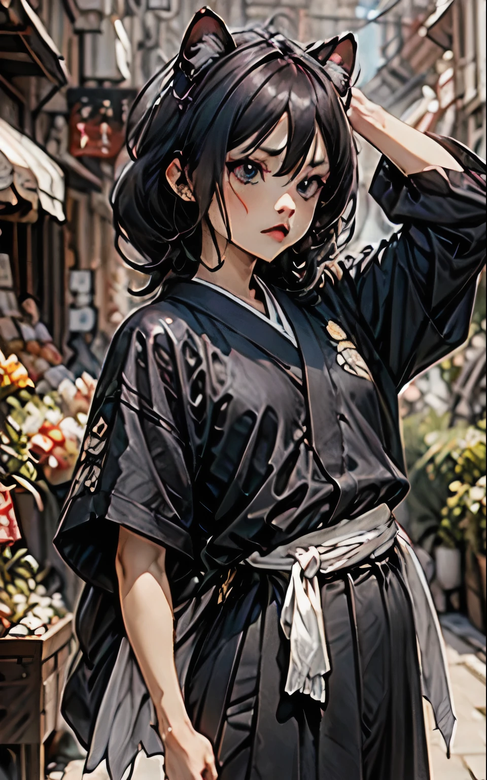 (junkotvv),black fur,(cat ears) ,1chica,short hair,Alone,hair between the eyes,looking at the viewer,Blue eyes,japanese clothes,Best Quality,Masterpiece,High resolution,high quality,perfect hands,black kimono,purple eyes,detailed ice,