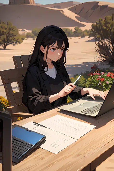 Masterpiece, best quality, A woman with flowers and a laptop in the desert