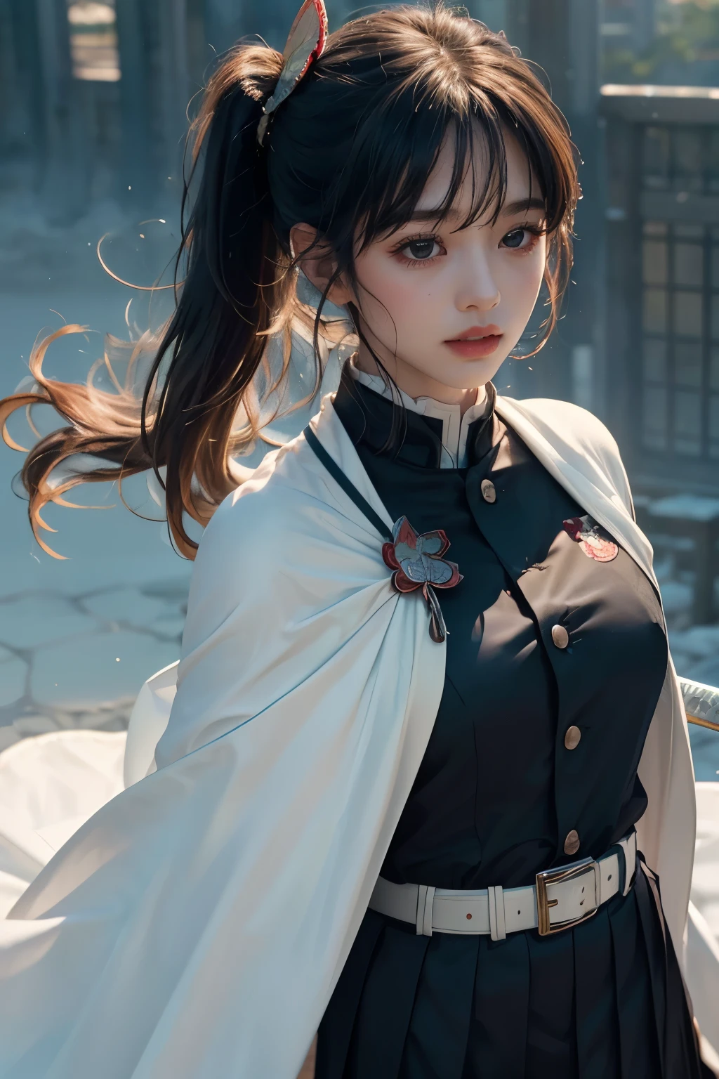 (RAW Photos, highest quality), (Realistic, Photorealistic Truth: 1.3), highest quality, Very detailed, masterpiece, Ultra-detailed, figure, One girl, kanao tsuyuri, ((Bangs Patsun,Side ponytail)),(( Demon Slayer uniform:1.4)), Butterfly Hair Ornament,,( white belt), (Cape, white Cape),, (Black jacket), (Pleated skirt), belt, (Black Skirt), knees, buckle, Sheathed, belt buckle, (Black Shirt:1.0),, Swinging a Sword, upper_body, Dynamic Angle, World Mastery Theatre, long hair flying, Fluorescent Centred, Dynamic fire background, highest quality, Highly detailed CG integrated 8K wallpaper, ink, wonderful, Cinema Lighting, lens_Flare, wuxia_style,(((Straight Bangs))),