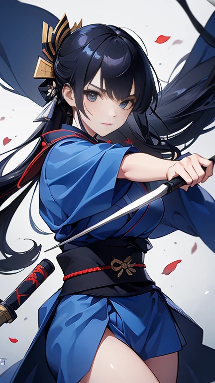 ((highest quality, 8k, masterpiece: 1.3)), Highly detailed face and skin texture, Fine grain,A girl in a female ninja kimono, Blue kimono,Loincloth, Black Hair, Long Hair,  throw a kunai